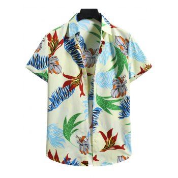 

Button Down Tropical Leaf Print Shirt, Light yellow