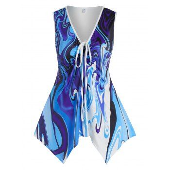 

Plus Size Cinched Liquid Tripp Handkerchief Tank Top, Blue