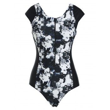 

Half Zip Painting Floral One-piece Swimsuit, Multicolor
