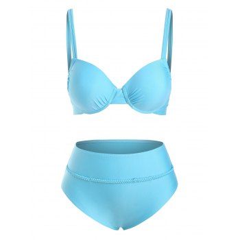 

Tummy Control Bikini Swimwear Solid Color Braided Dual Strap Underwire Push Up Swimsuit, Light blue