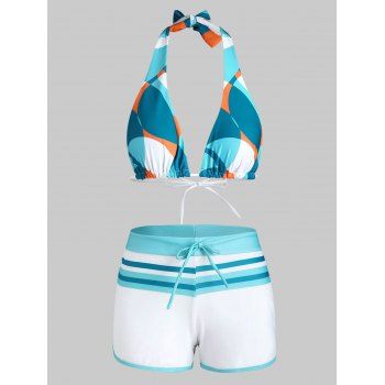 

Geometric Striped Binding Drawstring Boyshorts Bikini Swimwear, Light blue