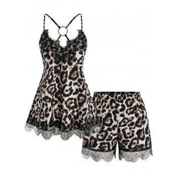 

Plus Size Lace Insert O Ring Leopard Print Shorts Pajamas Set, Black