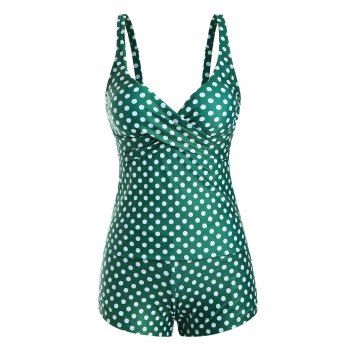 

Polka Dot Cross Boyshorts Plunging Pocket Tankini Swimwear, Deep green