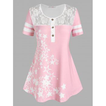 

Plus Size Lace Insert Stars Print Henley Tee, Light pink