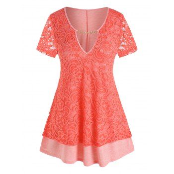 

Plus Size Lace Chain Cutout Short Sleeve Tee, Light pink