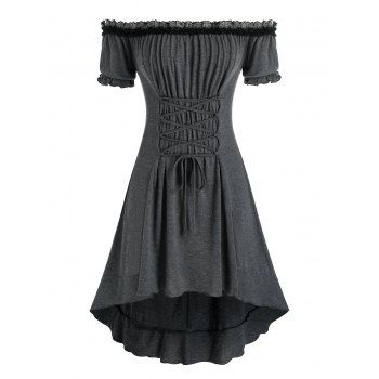 

Plus Size Off Shoulder Lace Up High Low Dress, Dark gray