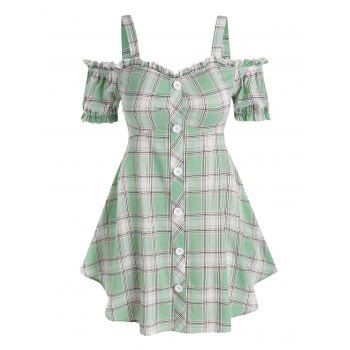 

Plus Size Puff Sleeve Cold Shoulder Plaid Blouse, Light green