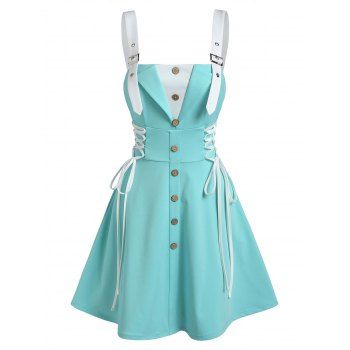 

Buckle Strap Mock Button Lace-up Twofer Dress, Light blue