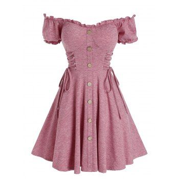 

Off Shoulder Frilled Lace Up Puff Sleeve Buttoned A Line Dress, Light pink