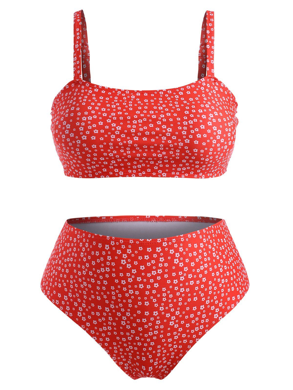 Maillot de Bain Bikini à Imprimé Fleuri à Coupe Haute de Grande Taille - Rouge 3XL