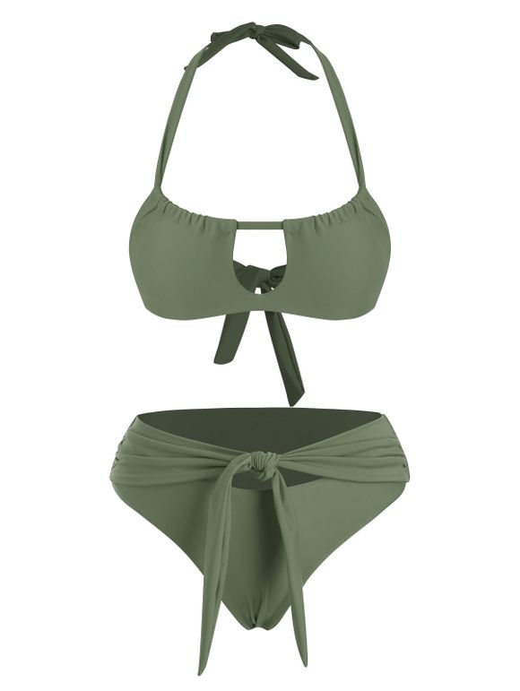 Maillot de Bain Bikini Découpé Noué en Avant à Col Halter - Vert clair XL