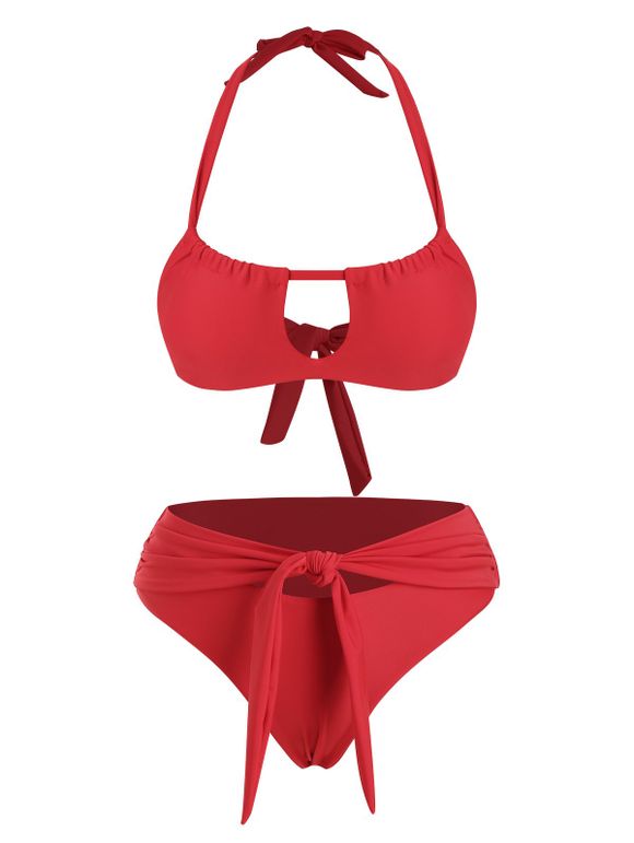 Maillot de Bain Bikini Découpé Noué en Avant à Col Halter - Rouge XL