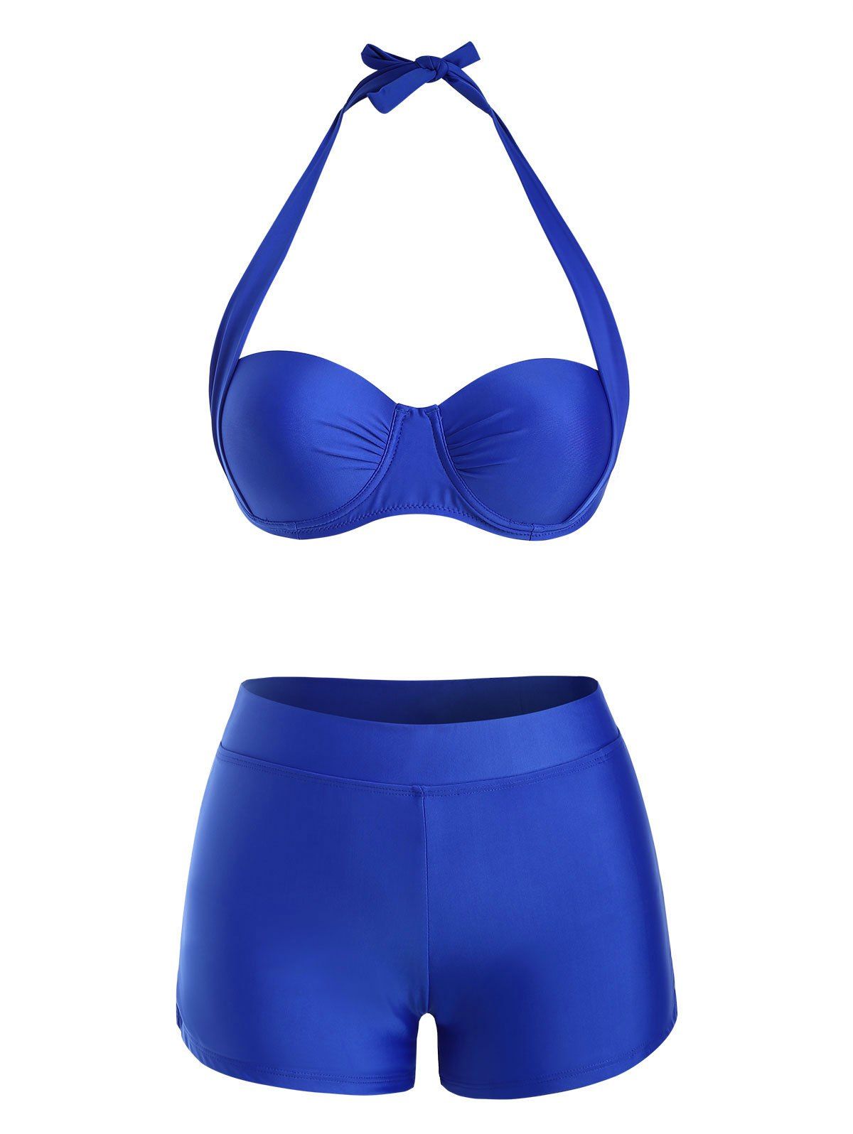 Halter Underwire Boyshorts Push Up Bikini Swimwear - BLUE XL