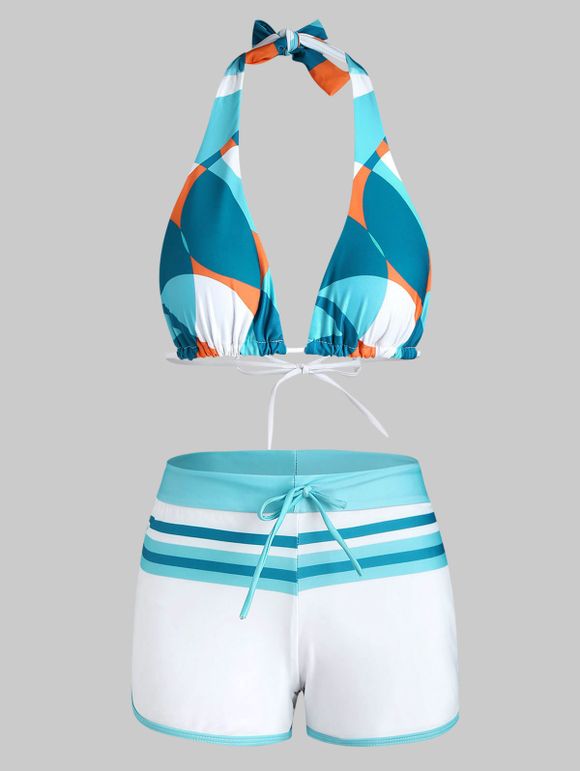 Maillot de Bain Bikini Rayé Géométrique à Cordon - Bleu clair M