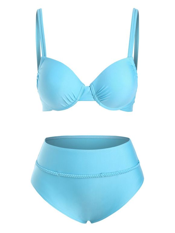Maillot de Bain Bikini Gainant à Double Bretelle à Armature de Couleur Unie - Bleu clair XL