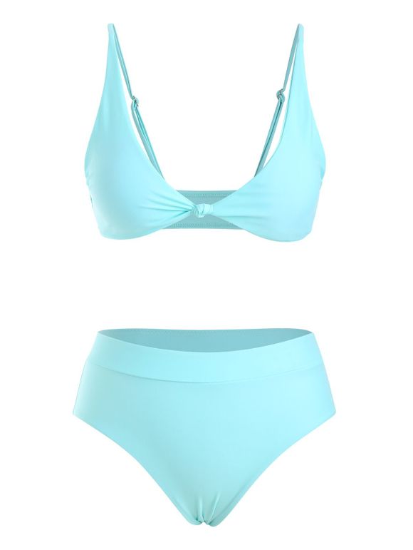 Maillot de Bain Bikini Noué en Avant à Taille Haute - Bleu clair XL