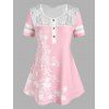 T-shirt Henley à Imprimé Etoile en Dentelle Insérée de Grande Taille - Rose clair 5X