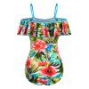 Tropical Print Flounce Overlay Cold Shoulder One-piece Swimsuit - multicolor S
