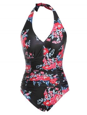 Flower Halter Backless Ruched Tummy Control One-piece Swimsuit