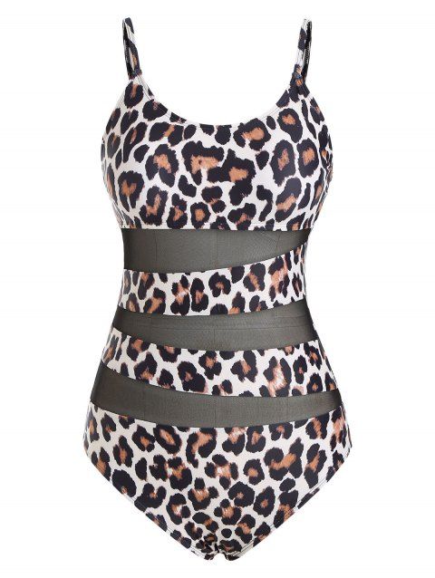 Leopard Print Mesh Insert Cami One-piece Swimsuit