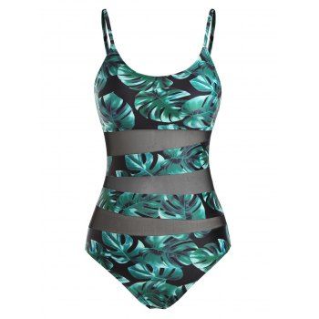 

Leaf Print Mesh Insert Cami One-piece Swimsuit, Green