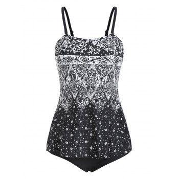 

Overlay Printed Snowflake Dotted One-piece Swimsuit, Black