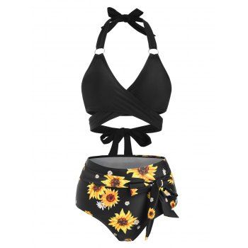 

Vacation Bikini Swimsuit Sunflower Bathing Suit Knot Ring High Waisted Wrap Halter Tied Summer Beach Tummy Control Swimwear, Black