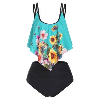 

Dual Strap Sunflower Ruched Flounce Tankini Swimwear, Multicolor