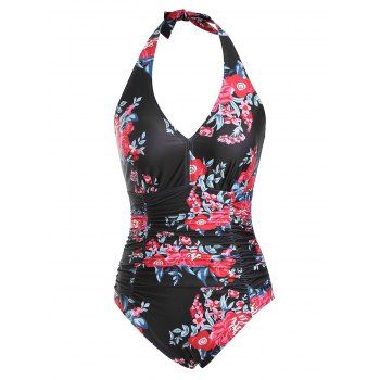 

Flower Halter Backless Ruched Tummy Control One-piece Swimsuit, Light pink