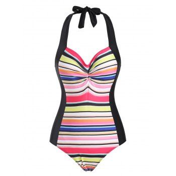 Rainbow Ruched Halter Backless One-piece Swimsuit