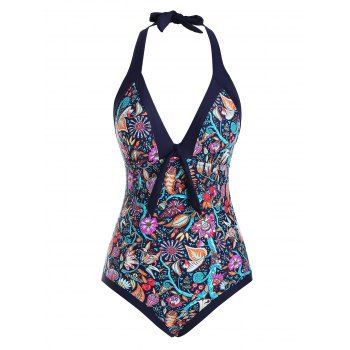 

Bohemian Printed Swimwear Tie Front Plunging Halter One-piece Swimsuit, Multicolor