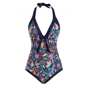 

Bohemian Printed Halter Tie Front One-piece Swimsuit, Multicolor