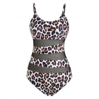 

Leopard Print Mesh Insert Cami One-piece Swimsuit, Black
