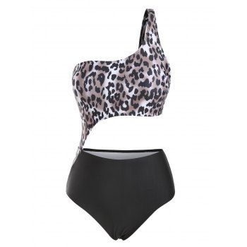 

Leopard One Shoulder Cutout One-piece Swimsuit, Black