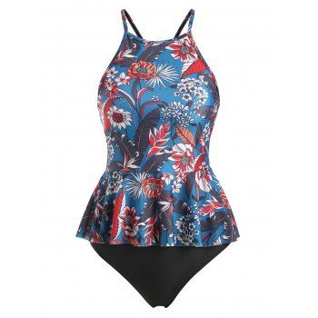 

Flower Criss Cross Peplum Tankini Swimwear, Multicolor