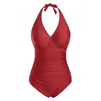 

Halter Backless Ruched Tummy Control One-piece Swimsuit, Red