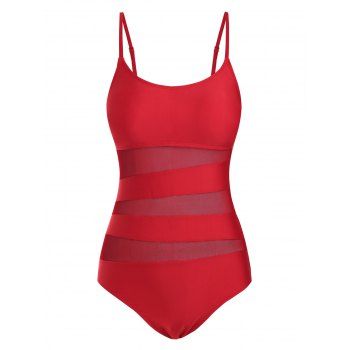 

Cami Mesh Insert Plain One-piece Swimsuit, Red