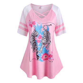 

Plus Size Flower Tiger Print Criss Cross Tunic Tee, Light pink