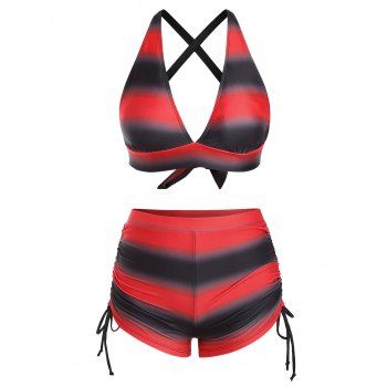 

Criss Cross Cinched Side Ombre Stripes Bikini Swimwear, Red