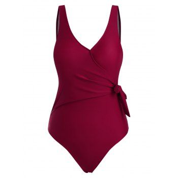 

Solid Tie Side Surplice One-piece Swimsuit, Deep red