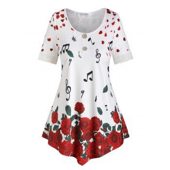 

Plus Size Petal Flower Musical Notes Print Lace Insert Tee, White