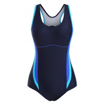 

Cutout Back Colorblock Stitching One-piece Swimsuit, Deep blue