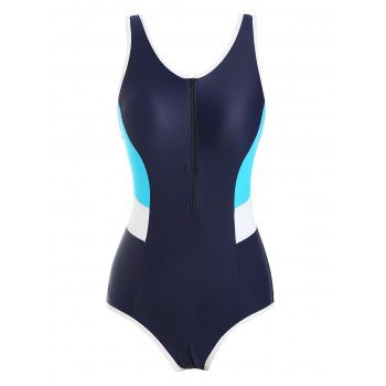 

Colorblock Half Zip Contrast Binding One-piece Swimsuit, Deep blue