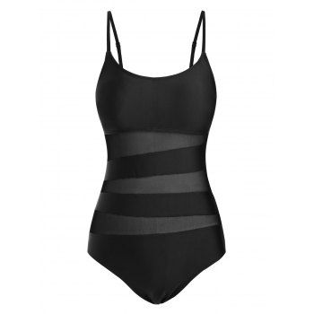 

Cami Mesh Insert Plain One-piece Swimsuit, Black