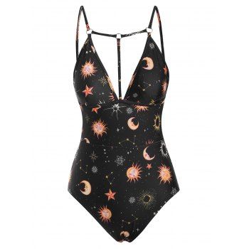 

O-ring Strappy Sun star and Moon One-piece Swimsuit, Black