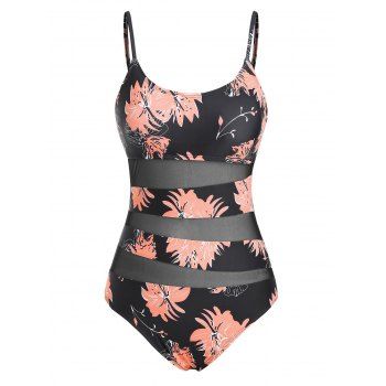 

Leaf Print Mesh Insert Cami One-piece Swimsuit, Light pink