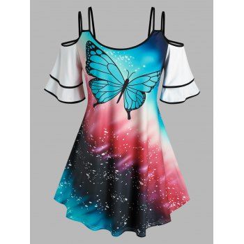 

Plus Size Cold Shoulder Butterfly Print Tee, Multicolor