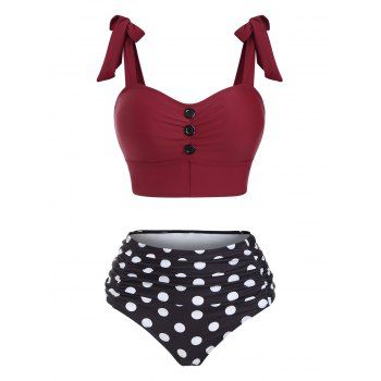 

Polka Dot Ruched Tie Shoulder Bowknot Tankini Swimwear, Red