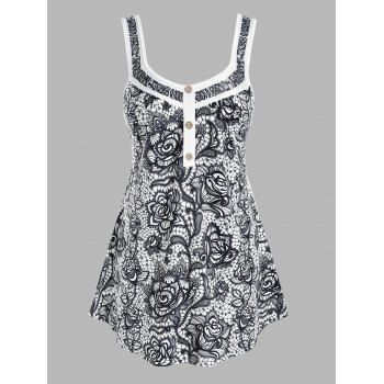 

Plus Size Mock Button Full Print Tank Top, White