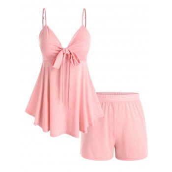 

Plus Size Front Knot Shorts Pajamas Set, Light pink